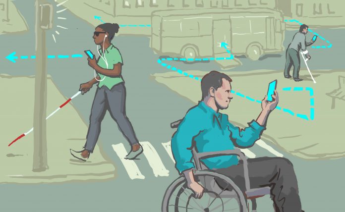 Illustration of people with disabilities using mobile devices to navigate a city street (State Dept./Doug Thompson)