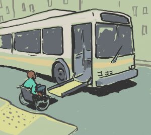 Illustration of a man in wheelchair boarding a bus (State Dept./Doug Thompson)