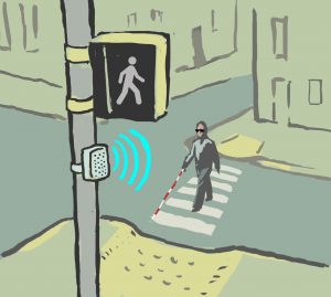 Illustration of a blind man crossing an intersection (State Dept./Doug Thompson)